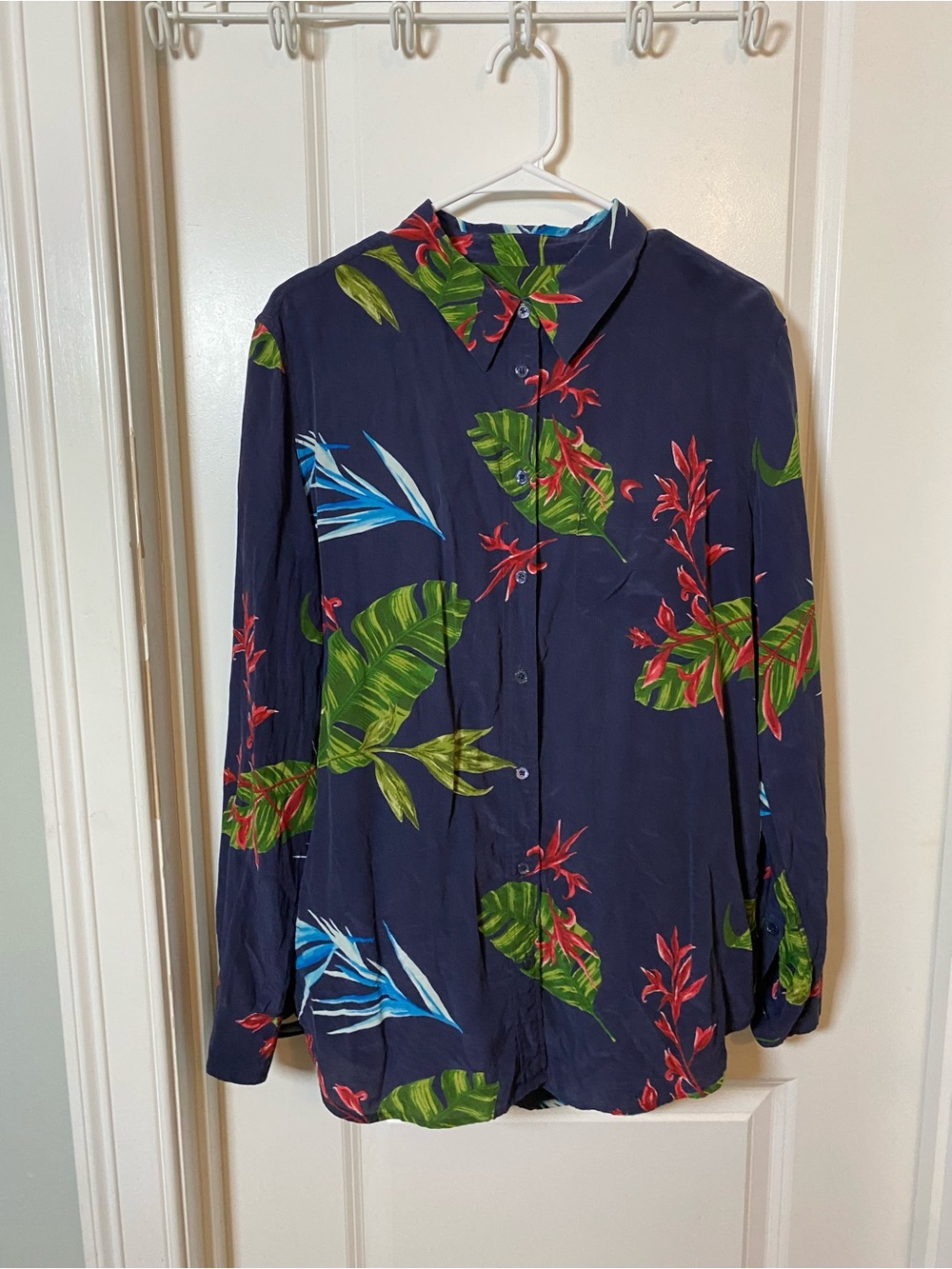 Equipment Femme Navy Tropical Floral Button-Down Silk Blouse